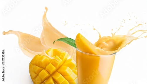 Dynamic Splash of Mango Milkshake Isolated on White Background