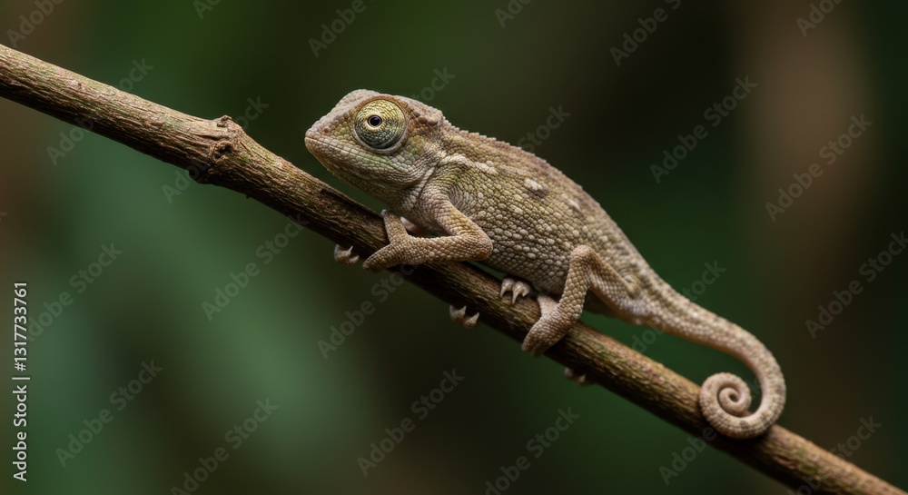 Chameleon on Branch in Rainforest