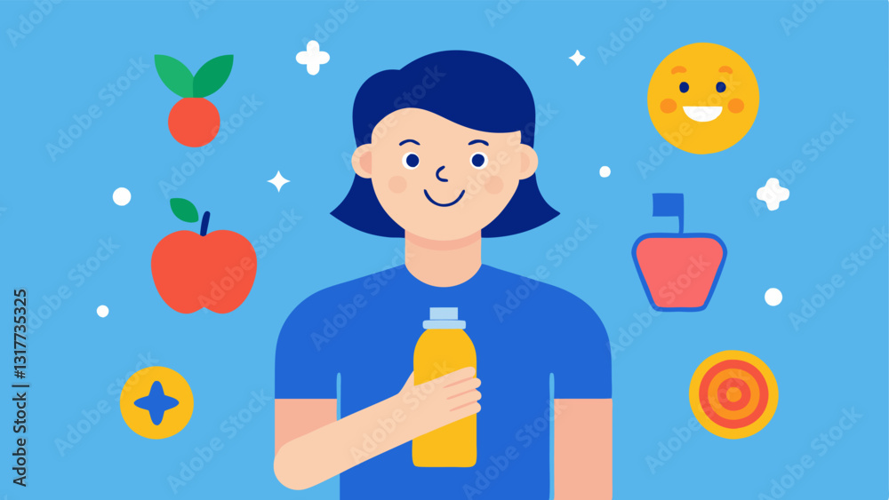 Hydration Reminder An influencer holding a colorful water bottle and smiling with icons of fruits hydration tips and motivational quotes surrounding them to emphasize the Hydration Reminder An influencer holding a colorful water bottle and smiling with icons of fruits hydration tips and motivational quotes surrounding them to emphasize the