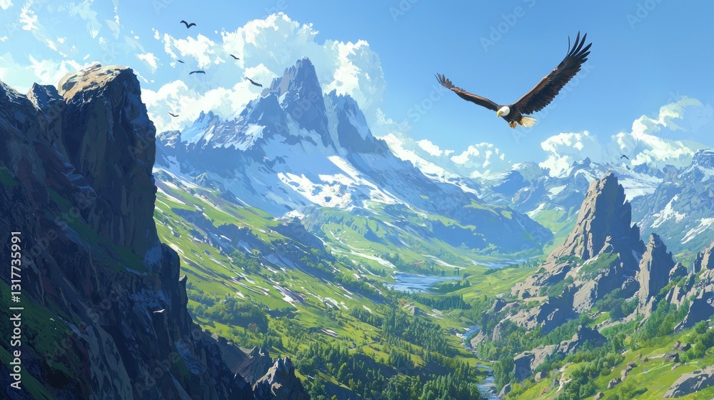 Fototapeta premium Majestic eagle soaring over snow-capped mountains and green valley.