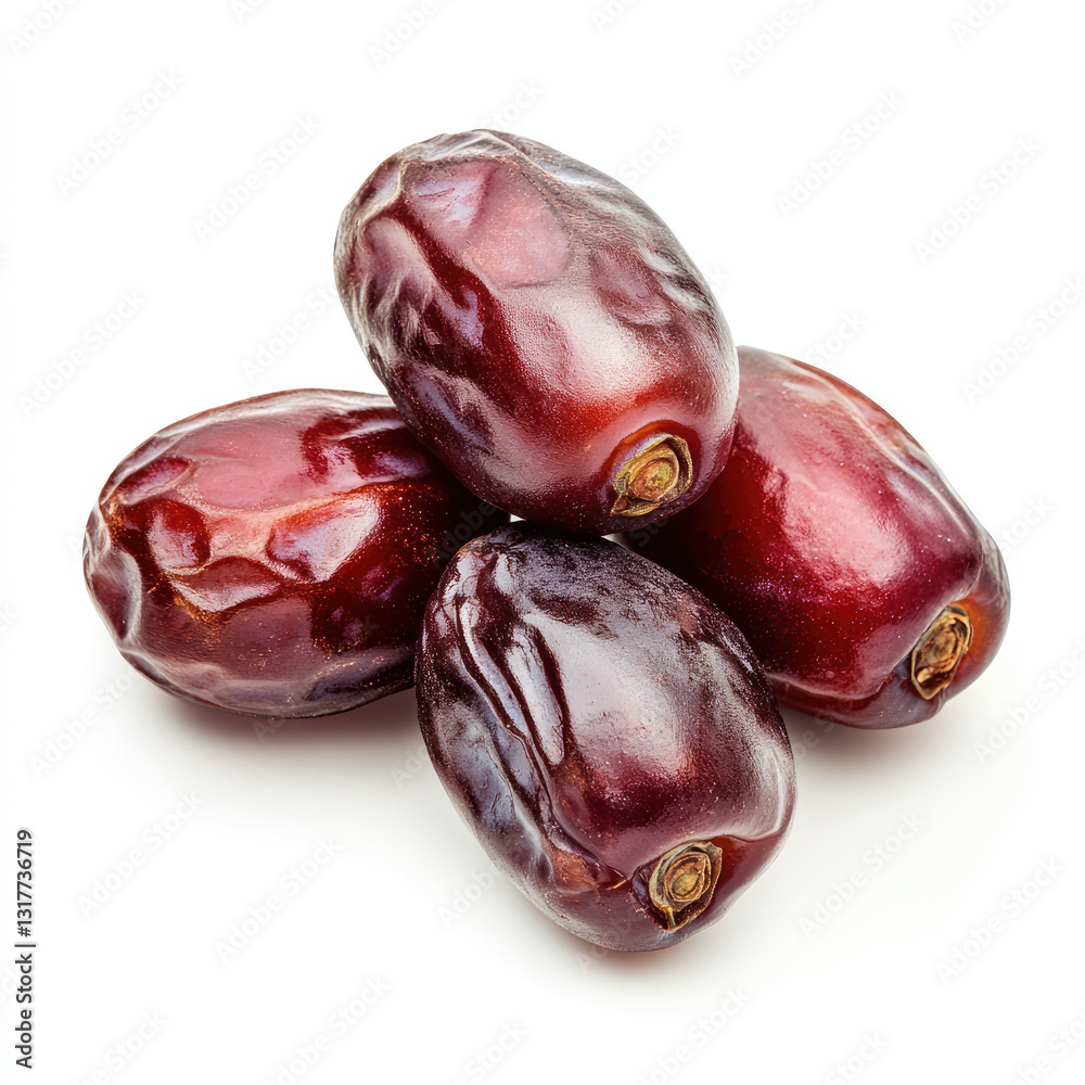 Obraz premium A close up shot of a small pile of four medjool dates on a white background surface