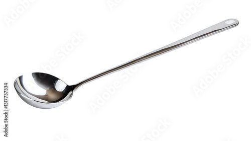 A stainless steel ladle with a long handle on a white background --ar 16:9
