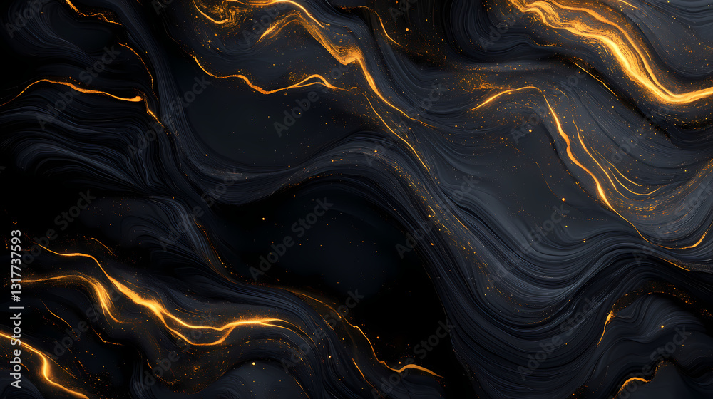 Abstract black and gold waves with glowing particles in motion. Phosphorescent Waves. Illustration