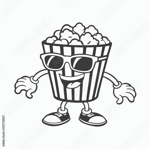 Groovy popcorn bucket cartoon character holding corn flakes. Happy cartoon popcorn bucket. Vector illustration isolated on white Background

