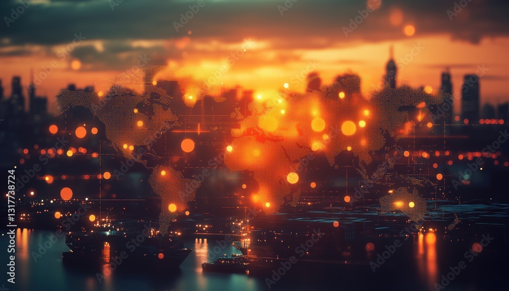 Fototapeta premium Logistic Network Distribution On Worldwide Map: Transport And Shipping Via Container Cargo Freight Ship For Fast Global Goods Orders Delivery.