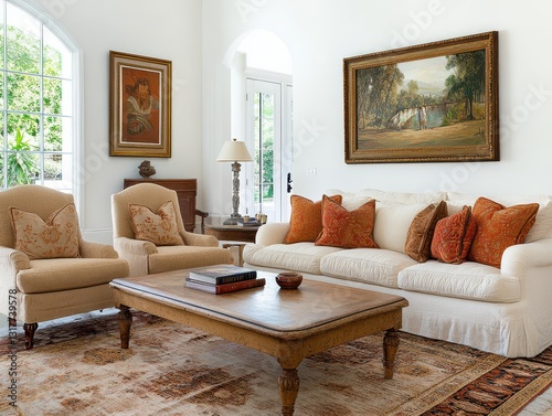 An elegantly furnished living room with classic decor and art