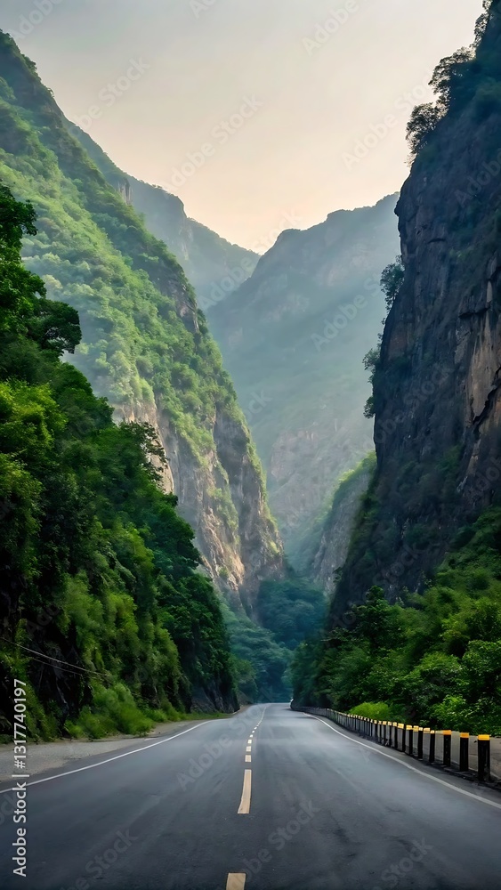 Naklejka premium breathtaking view of a lush green canyon, with towering cliffs covered in dense vegetation