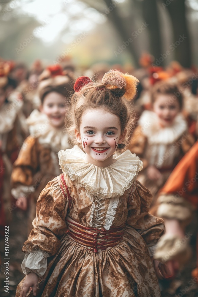 Children dressed in historical costumes celebrate a joyful festival in a scenic outdoor location during autumn Children dressed in historical costumes celebrate a joyful festival in a scenic outdoor location during autumn