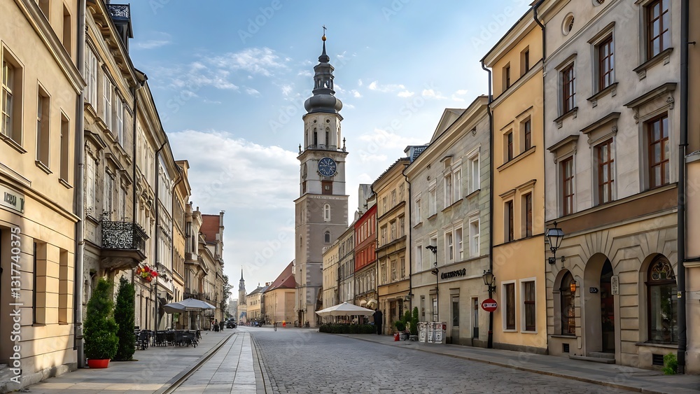 Fototapeta premium peaceful European street at dusk, featuring vintage buildings, tram lines, and a towering historic church in the background