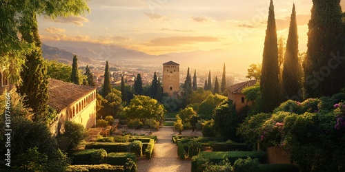 Sunset view of Alhambra gardens, Spain
