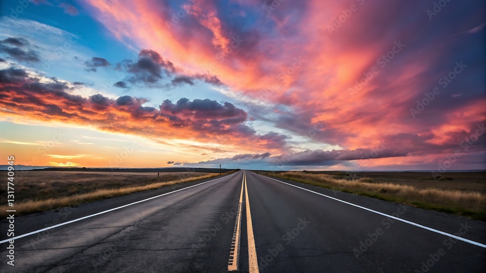 long, open highway stretching into the horizon under a dramatic sunset sky, with vibrant orange and purple hues painting the clouds long, open highway stretching into the horizon under a dramatic sunset sky, with vibrant orange and purple hues painting the clouds