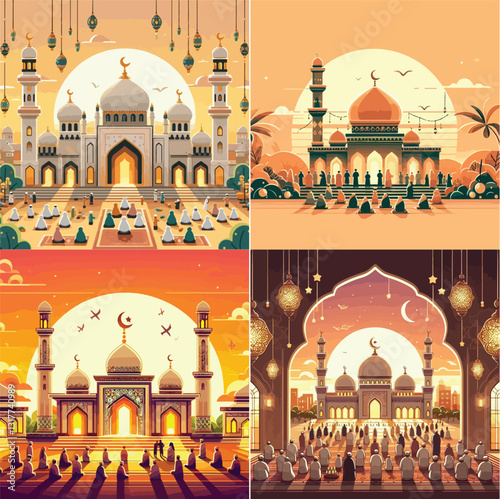 Mosque decorated with typical Eid al-Adha ornaments, Muslims gather for Eid al-Adha prayers, with the warm sunrise in the background