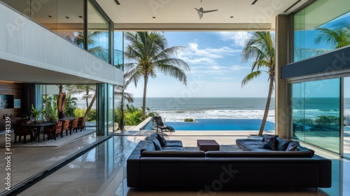 Modern oceanfront terrace living room with minimalist design clean lines and expansive ocean view. Luxury stunning contemporary mansion villa  glass windows  pool  palm trees  sea view.