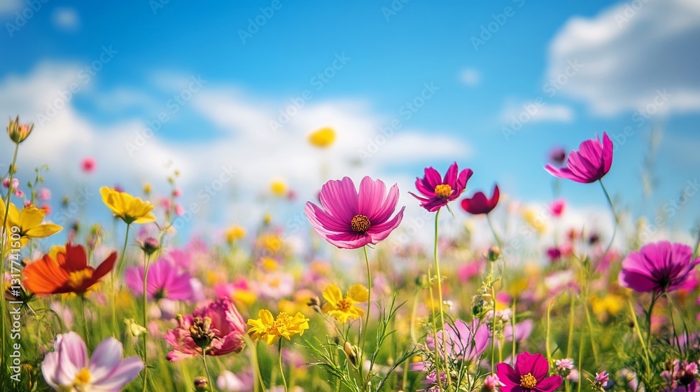 Vibrant Wildflower Meadow under a Sunny Spring Sky: A Stunning Display of Colorful Blooms Vibrant Wildflower Meadow under a Sunny Spring Sky: A Stunning Display of Colorful Blooms