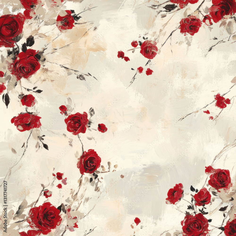 Fototapeta premium Red roses on beige textured background.