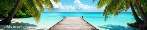 Wooden dock surrounded by palm trees on a tropical island  tranquil  tropical  paradise