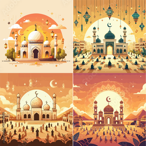 Mosque decorated with typical Eid al-Adha ornaments, Muslims gather for Eid al-Adha prayers, with the warm sunrise in the background