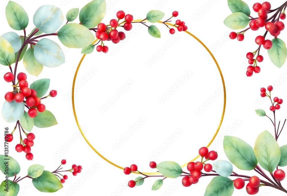 Fototapeta premium Watercolor eucalyptus & red berry botanical frame & border set; gold circle & square , invitation, gold