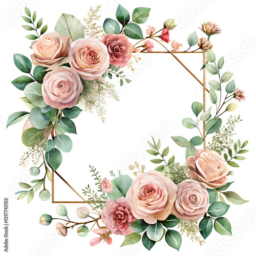 Elegant Watercolor Floral Frame with Blush and Dusty Pink Roses, Eucalyptus Leaves, and Wildflowers in Soft Pastel Hues, Accented by a Rose-Gold Metallic Border – Wedding Invitation Template
