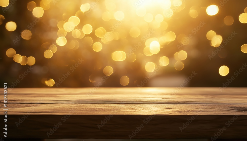 Blurry Light Gold Bokeh Of Cafe Restaurant Enhances Empty Wood Table Top, Creating A Cozy Ambiance For Dining Experience. Blurry Light Gold Bokeh Of Cafe Restaurant Enhances Empty Wood Table Top, Creating A Cozy Ambiance For Dining Experience.