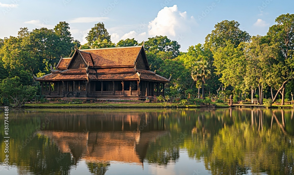 Wooden house, peaceful lake, lush garden, sunny day, travel Wooden house, peaceful lake, lush garden, sunny day, travel