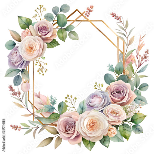 Elegant Watercolor Floral Frame with Pink & Ivory Roses, Lavender Accents, and Eucalyptus Leaves – Romantic Rose Gold Wedding Invitation Template