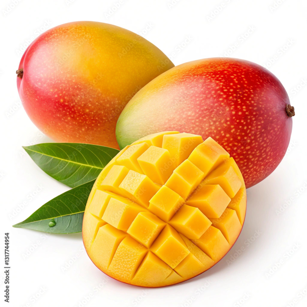 Vibrant Mango Trio with Two Whole Fruits and a Cubed Mango on Display Vibrant Mango Trio with Two Whole Fruits and a Cubed Mango on Display