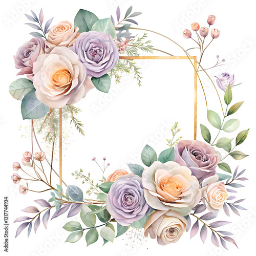 Pastel watercolor floral frame with pink, lavender, and peach roses, eucalyptus leaves, and greenery. Rose-gold shimmer frame, dreamy fairytale design. Elegant wedding invitation template.