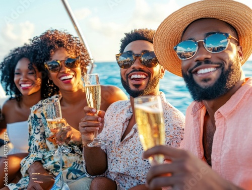 Friends celebrate with drinks on a sunny boat ride in the ocean