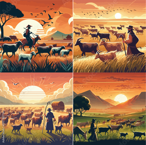 A shepherd in a wide meadow is herding healthy cows and goats in preparation for sacrifice, with the sunset in the background.