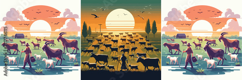 A shepherd in a wide meadow is herding healthy cows and goats in preparation for sacrifice, with the sunset in the background.