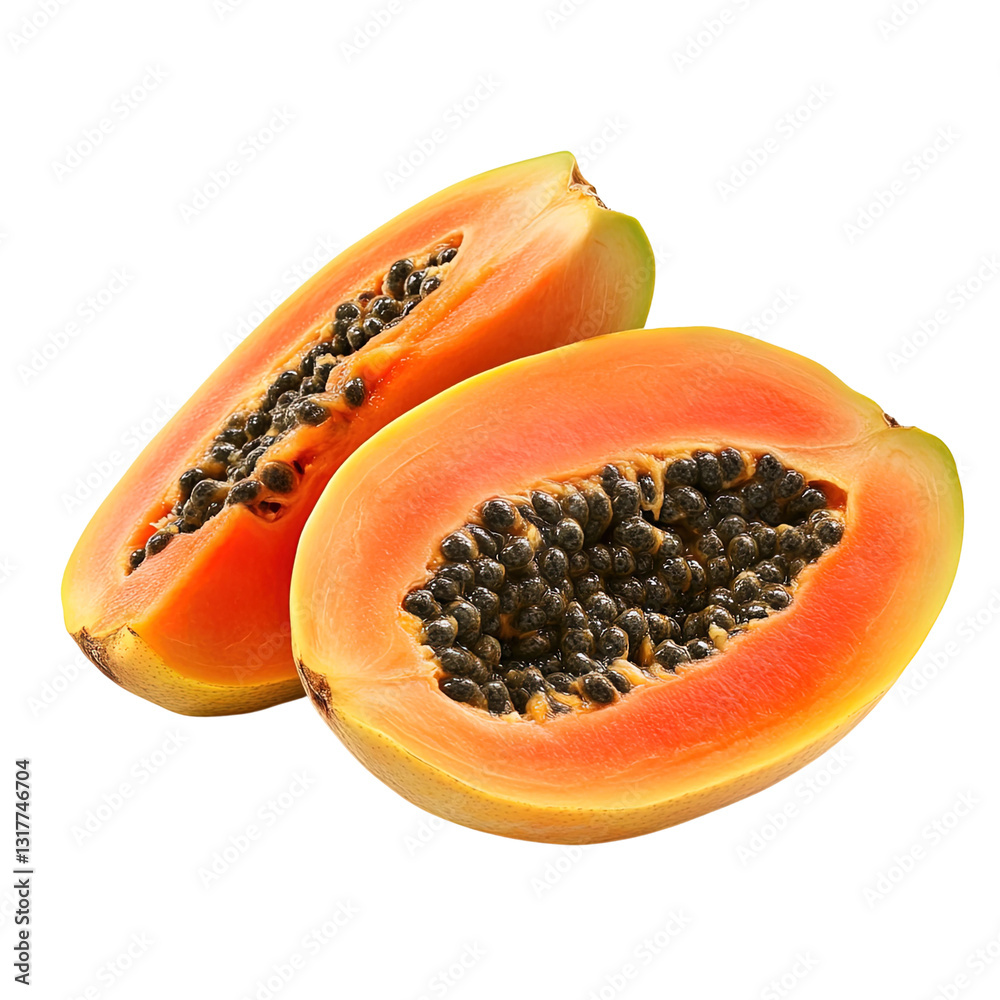 Two pieces of orange fruit with seeds in the middle on transparent background Two pieces of orange fruit with seeds in the middle on transparent background