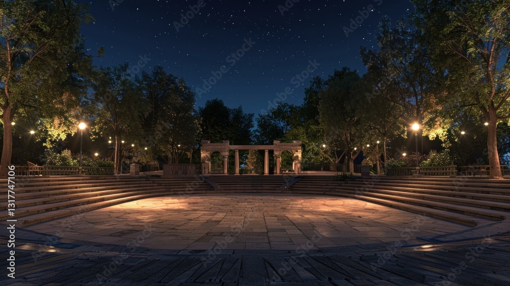 Illuminated Amphitheater Under a Starry Night Sky with Serene Atmosphere and Lush Greenery Illuminated Amphitheater Under a Starry Night Sky with Serene Atmosphere and Lush Greenery