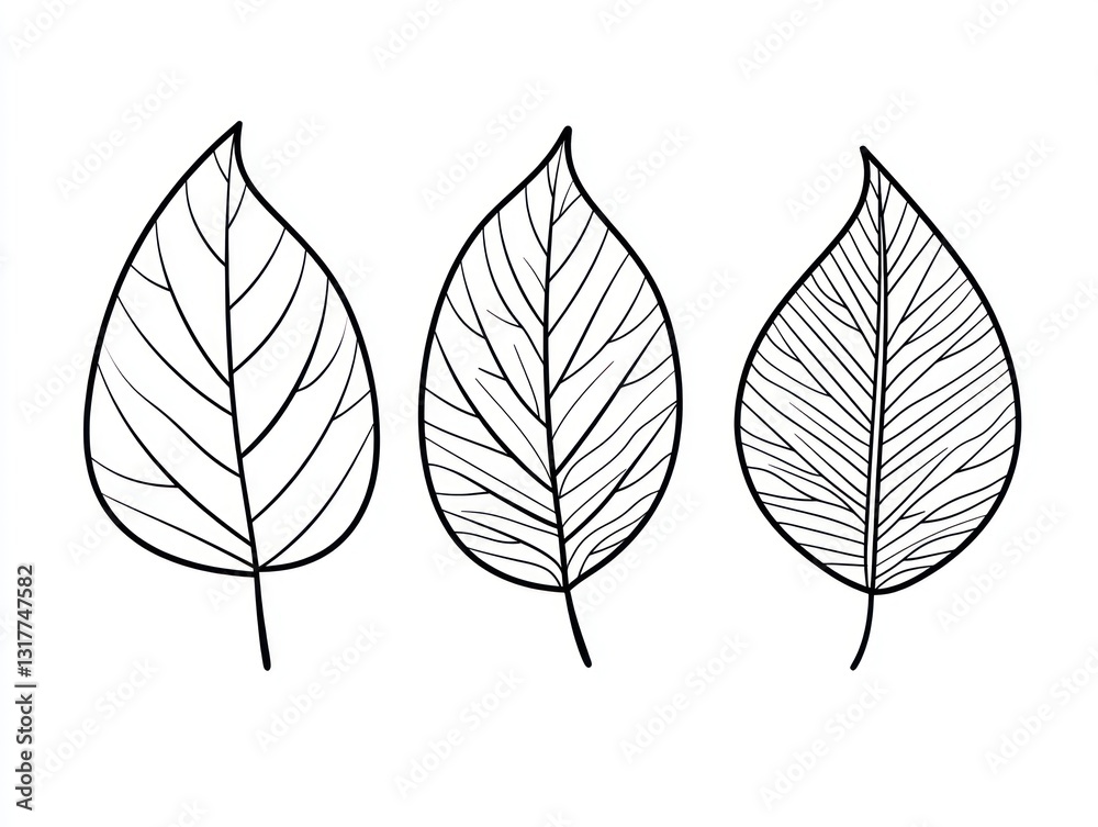 Fototapeta premium Three outlined leaves, botanical illustration, white background, educational use