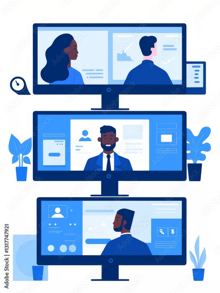 Fototapeta premium a video conference with six people smiling and waving, each in different colored outfits