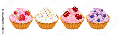 Cupcakes with sweet whipped cream, berry and colorful sprinkles. Vector cartoon flat illustration of dessert. Sweet food icons