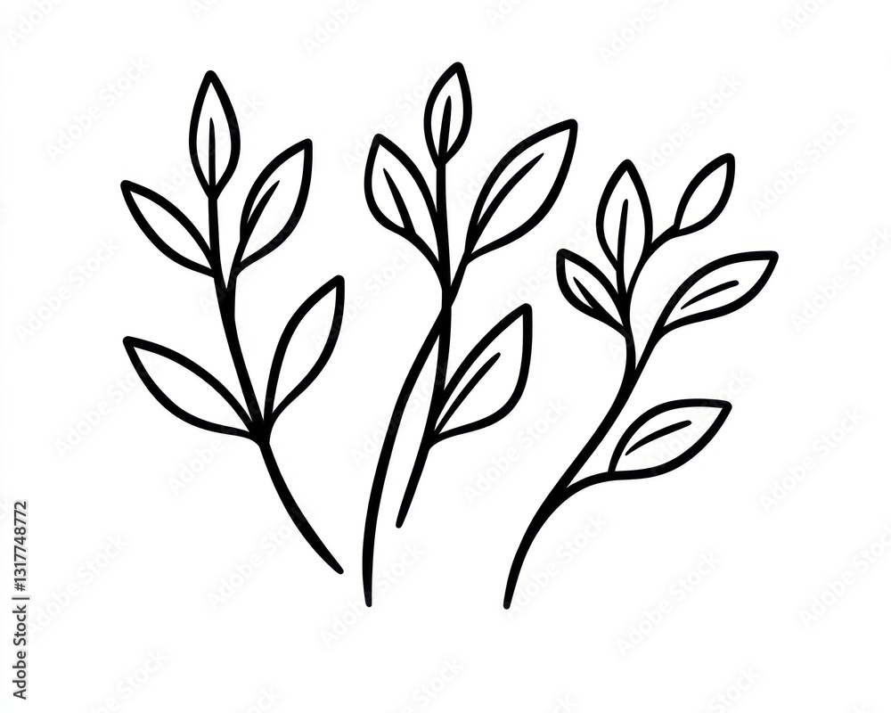 Three simple line art sprigs; design element; white background; botanical illustration Three simple line art sprigs; design element; white background; botanical illustration