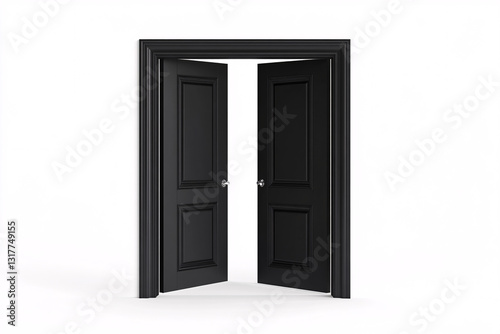A pair of elegant black double doors standing open in a minimalist white space

