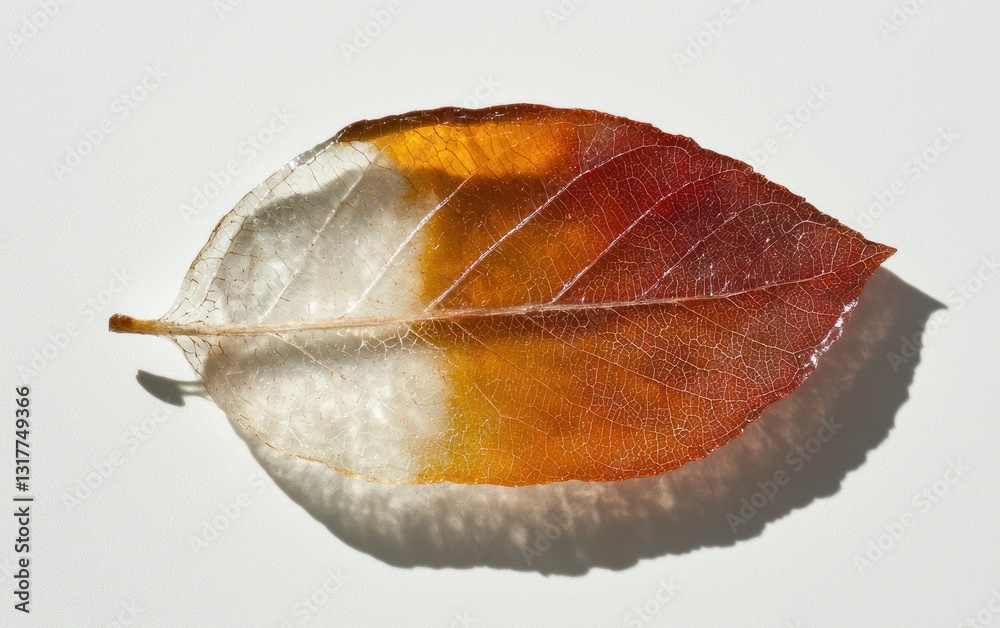 Fototapeta premium Translucent Leaf with Amber and Red Hues on White Background