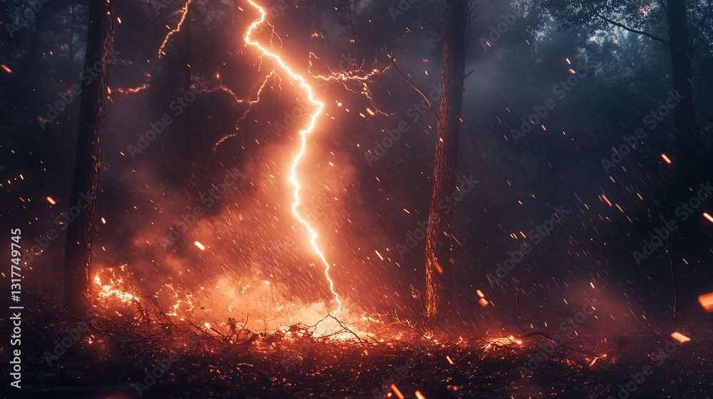 Fiery Forest Inferno: Lightning Strikes Ignite a Wildfire Night