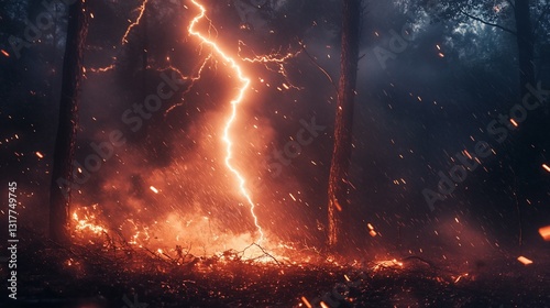 Obraz na płótnie Fiery Forest Inferno: Lightning Strikes Ignite a Wildfire Night w salonie