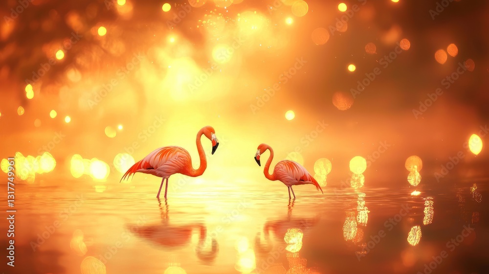 Obraz premium Two flamingos in golden sunset, water reflection.
