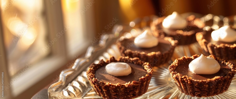 Mini crunchy chocolate tartlets with a dollop of cream atop an elegant glass tray, bathed in the golden sunset light from a window. Mini crunchy chocolate tartlets with a dollop of cream atop an elegant glass tray, bathed in the golden sunset light from a window.