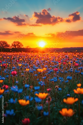 Vibrant flowers bloom in a countryside field as the sun sets over the horizon