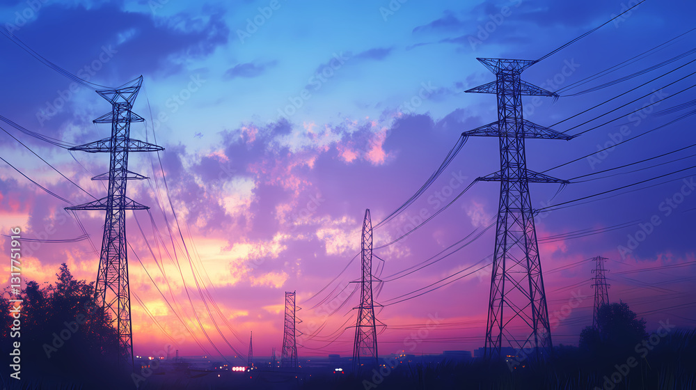 Fototapeta premium Power transmission towers stand tall amidst electric atmosphere at dusk. Electric Twilight. Illustration