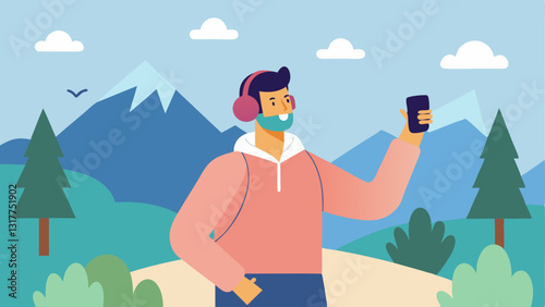 Nature Walk An influencer walking through a scenic nature trail with headphones on listening to a health podcast and sharing their thoughts via a recorded video on their phone.