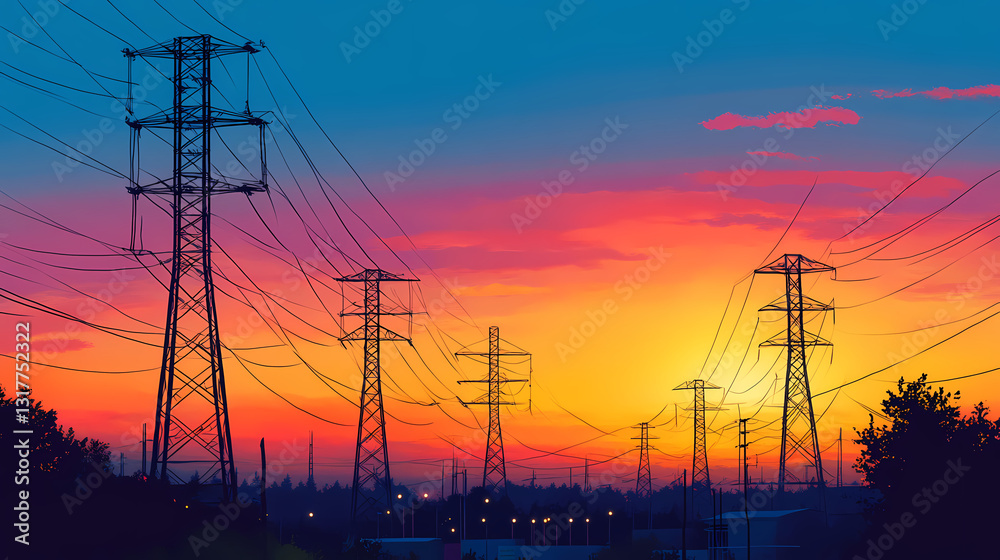 Silhouettes of power lines at sunset. Electric Twilight. Illustration