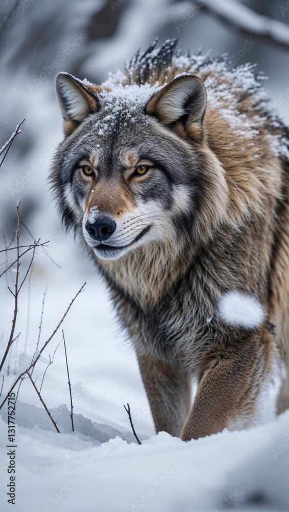 Fototapeta premium A majestic wolf walks through a snowy landscape, showcasing its fur and piercing gaze.