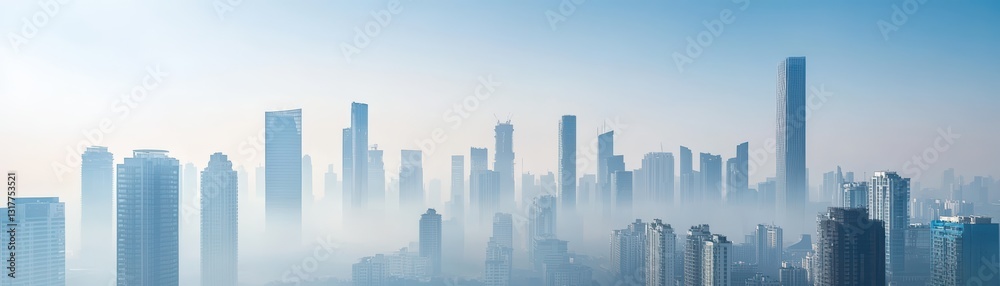 Fototapeta premium Dense Smog Covers Urban Skyline in a Gloomy Cityscape during Twilight Hours