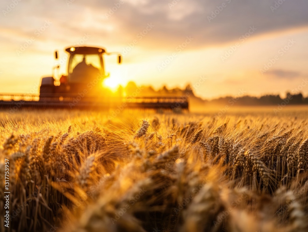 Fototapeta premium Sunset over golden wheat field with tractor harvesting crops in rural landscape